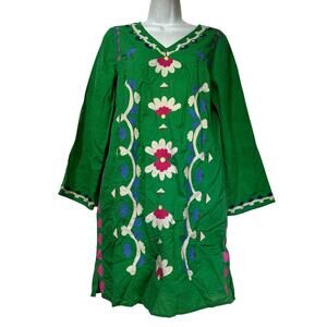 Frances Valentine Goldie Tunic Dress Green Cotton Embroidered Floral Applique XS
